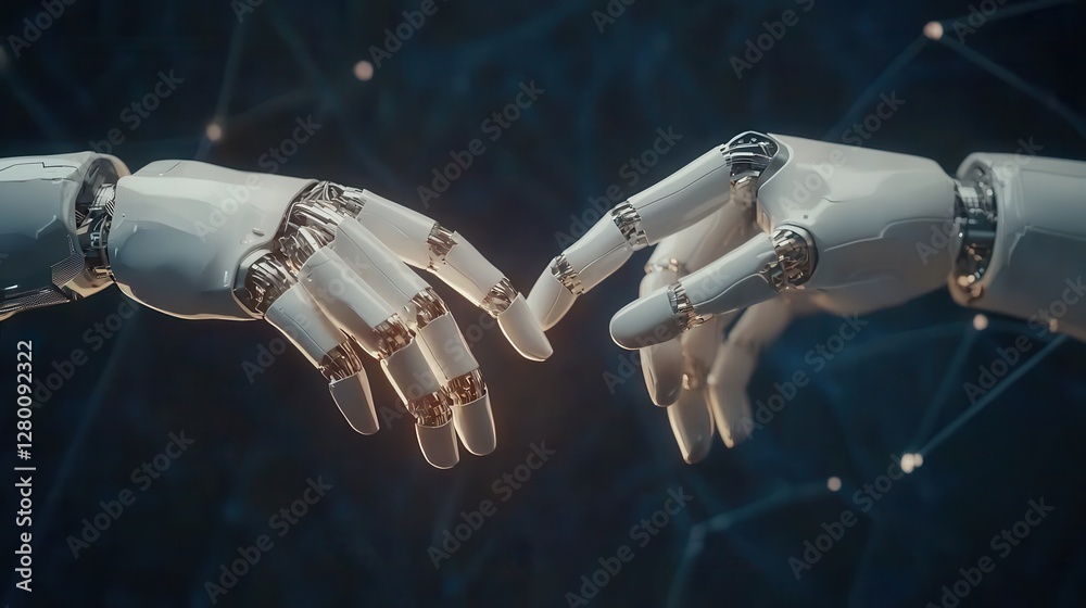 Poster A close-up view of two robotic hands reaching out to each other, symbolizing connection and potential interaction between humans and technology.