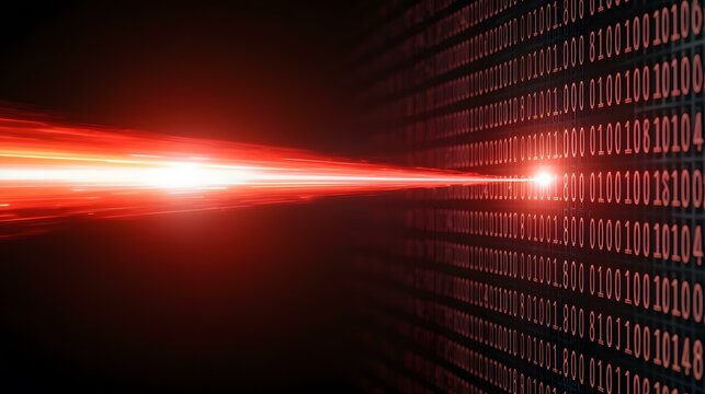A bright red streak of light beams across a background of red binary code.