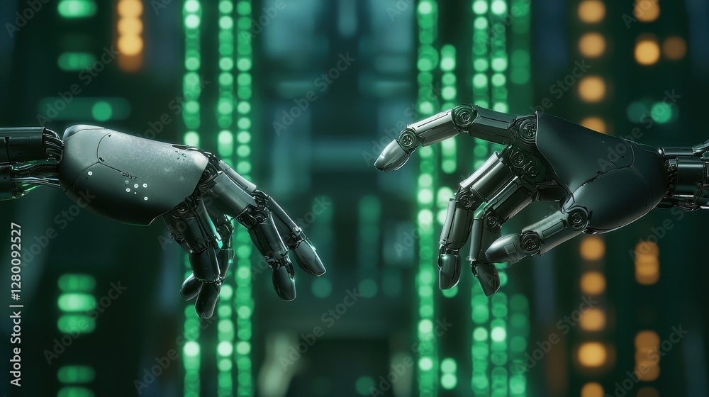 Poster Two robotic hands reaching toward each other against a backdrop of glowing green data streams, symbolizing connection and technology.