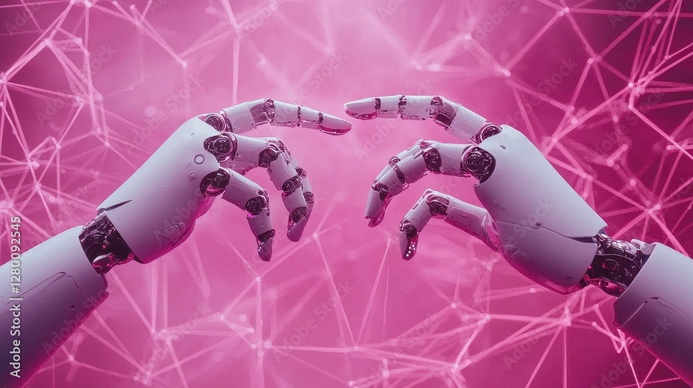 Poster a pair of robotic hands reaching towards each other against a vibrant pink background, symbolizing c