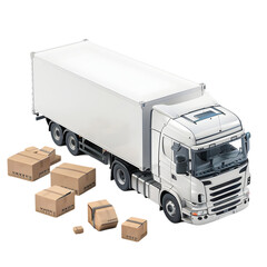 Delivery truck unloading packages in a busy urban environment with buildings in the background