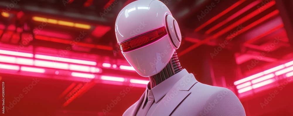 Poster a futuristic humanoid robot with a sleek, white design and red visor stands against a backdrop of gl