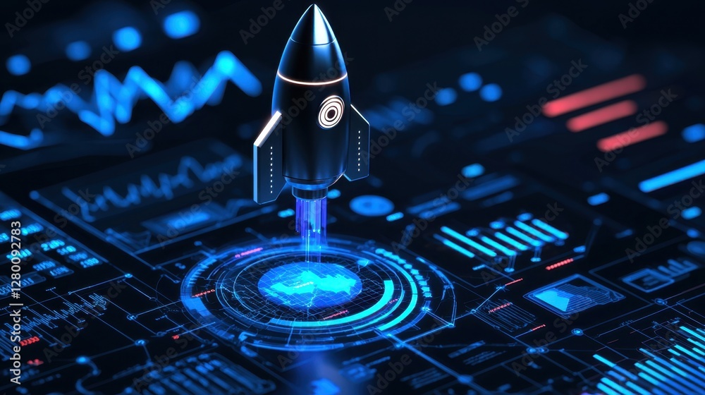 Poster futuristic rocket launching from digital interface with abstract data visualization elements in blue
