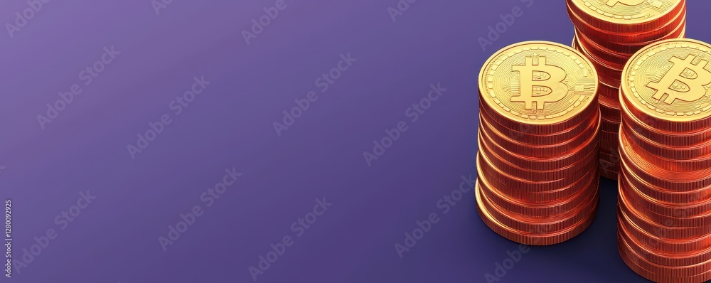 Poster stacks of shiny gold coins are arranged on a purple background, creating a visually striking image t