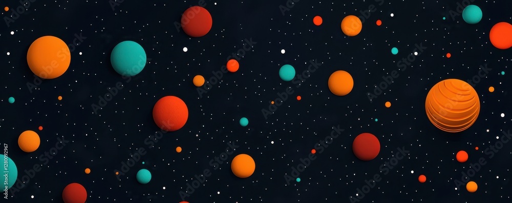 Poster a colorful arrangement of abstract planets against a dark space backdrop, showcasing various sizes a