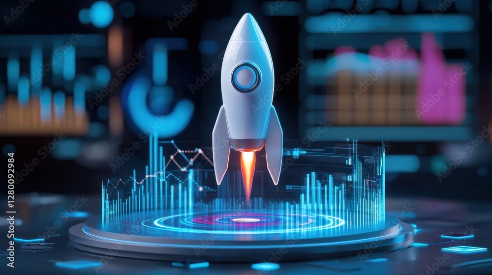 Poster futuristic rocket launching from digital base with glowing data charts and graphs in background for 