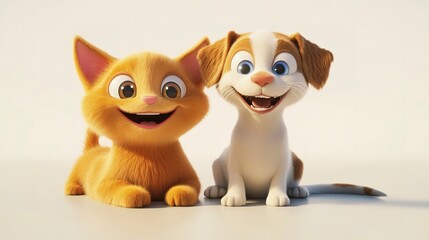 Adorable 3D dog and cat smiling, together, isolated on white background.  