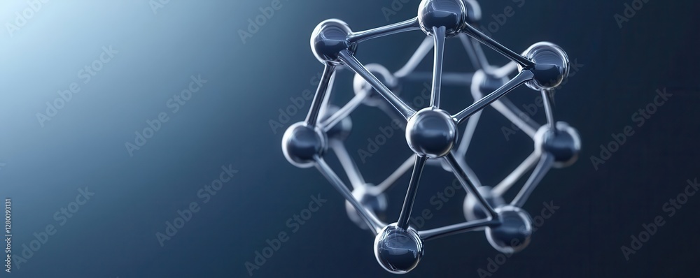 Poster a 3d molecular structure with interconnected spheres against a dark background, representing scienti