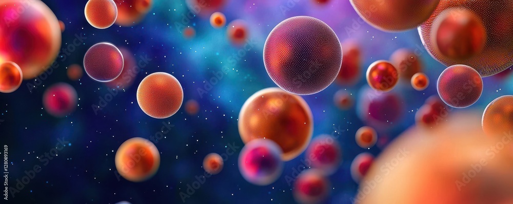 Poster A vibrant visualization of abstract spheres floating in a cosmic background, representing cells or particles in a colorful, ethereal space.