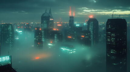 Fototapeta premium Futuristic Cyberpunk Cityscape at Night Aerial View