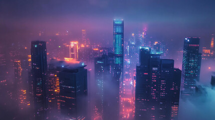Fototapeta premium Cityscape at dusk with fog and neon lights suitable for futuristic backgrounds and designs