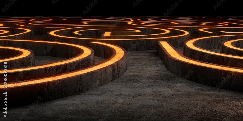 Aufkleber A captivating labyrinth design illuminated with glowing orange lines, creating a mesmerizing visual effect against a dark backdrop.