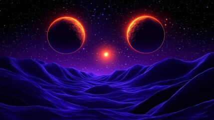 Surreal digital landscape with twin celestial bodies and glowing particles creating a futuristic otherworldly scenic view
