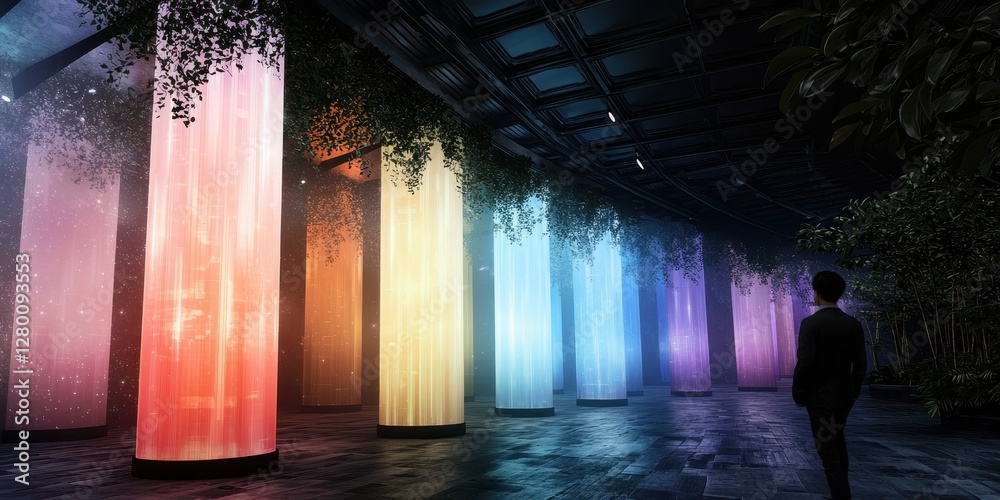 Aufkleber A person stands in a dimly lit space surrounded by colorful, illuminated pillars and lush greenery, creating a serene and immersive atmosphere.