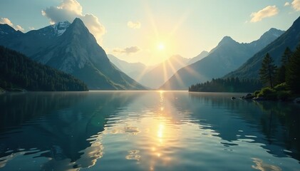 Sparkling gold light on a mountain lake surface in the morning, lake, tranquility, water