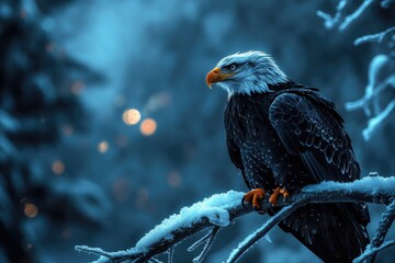 Majestic bald eagle perched on a snow-covered branch in a winter wonderland.