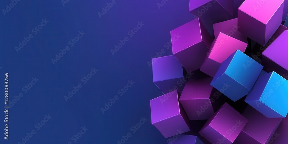 Poster a vibrant arrangement of 3d cubes in shades of pink and blue against a dark background, creating a m