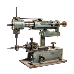Fototapeta premium Vintage metal lathe machine showcasing precision engineering in a workshop setting