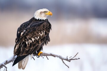 Obraz premium Majestic bald eagle perched on a snow-covered branch in a winter landscape.