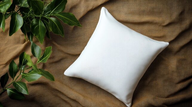 White cushion on brown burlap, green leaves nearby. Perfect for mockups, showcasing textiles, or adding a calming touch to designs.