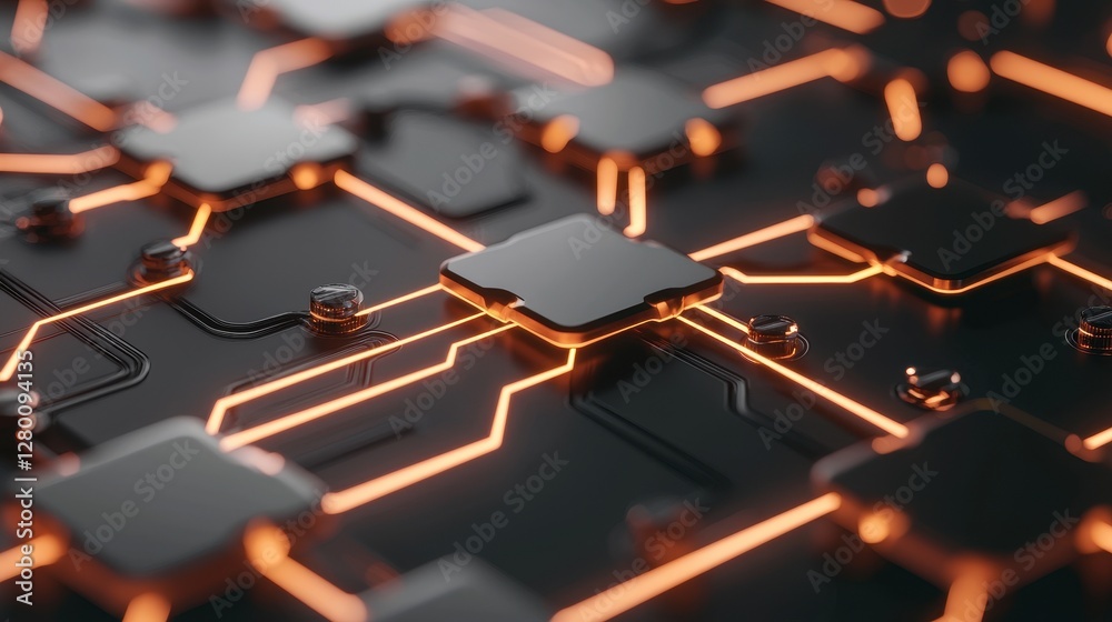 Poster A close-up view of a circuit board featuring intricate pathways and glowing elements, highlighting modern technology and design.
