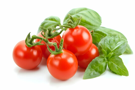 Fresh cherry tomatoes on the vine with vibrant green basil leaves, isolated