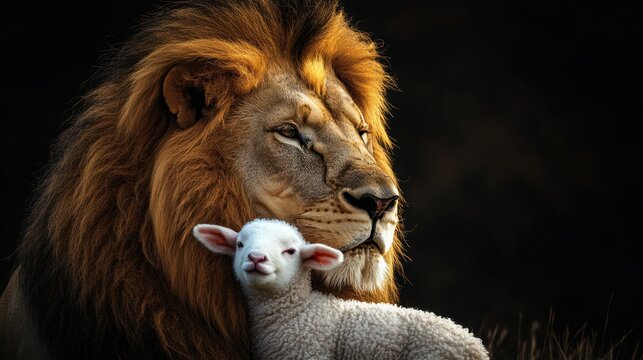 Majestic lion with protective embrace safeguarding a vulnerable gentle lamb in tranquil serenity