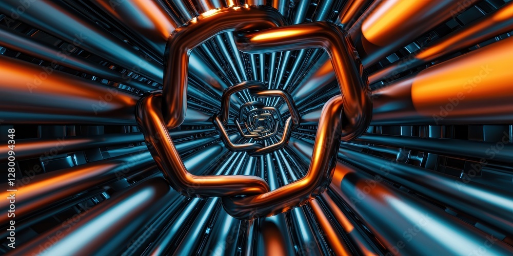 Poster a vibrant, abstract tunnel formed by intertwining metal pipes, showcasing dynamic patterns of blue a