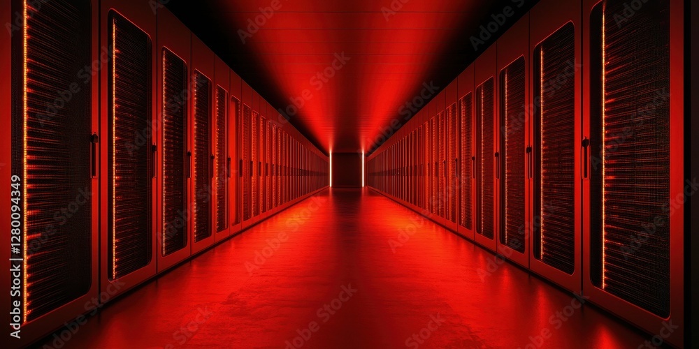 Poster A dimly lit corridor lined with server racks, illuminated by a striking red light, creating a dramatic and technological atmosphere.