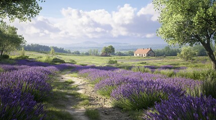 Lavender field in full bloom with a farmhouse in the distance 4K hyperrealistic photo
