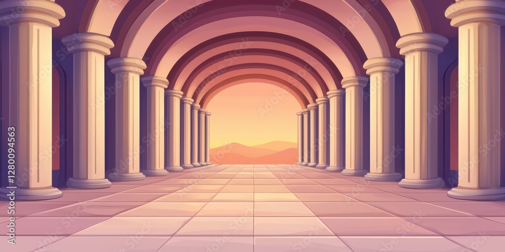 Aufkleber a serene corridor with arching columns leads towards a vibrant sunset, creating a tranquil and invit