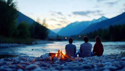 Tranquil Evening by the River with Friends Gathering Around a Campfire Amidst Majestic Mountains and Scenic Natural Landscape