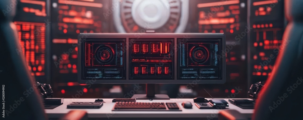 Aufkleber A high-tech control room featuring multiple screens displaying data with a futuristic red and black aesthetic.