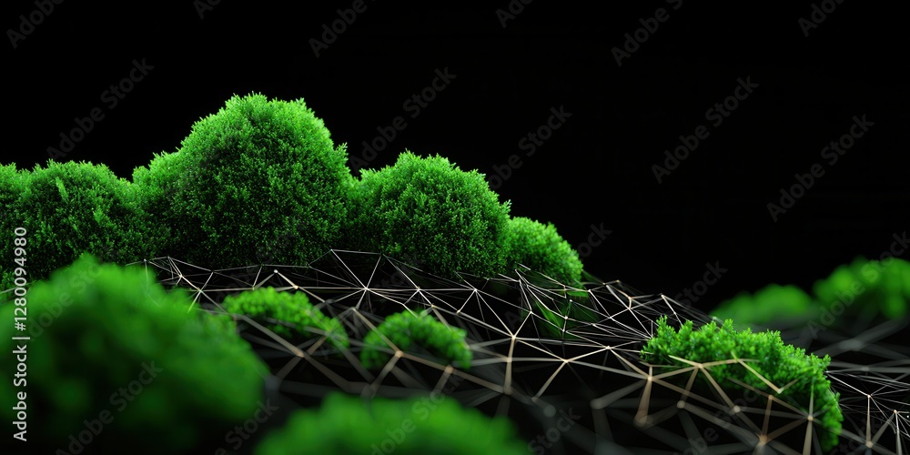 Poster a vibrant, green landscape with textured moss-like formations set against a dark, contrasting backgr