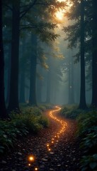 Obraz premium Sparkling gold lights amidst dark misty forest background, darkness, sparkle, shine