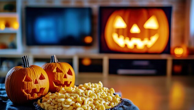 Halloween Celebration with Carved Pumpkins and Macaroni on Table with Background of Glow Jack-o'-Lantern and Television Screen