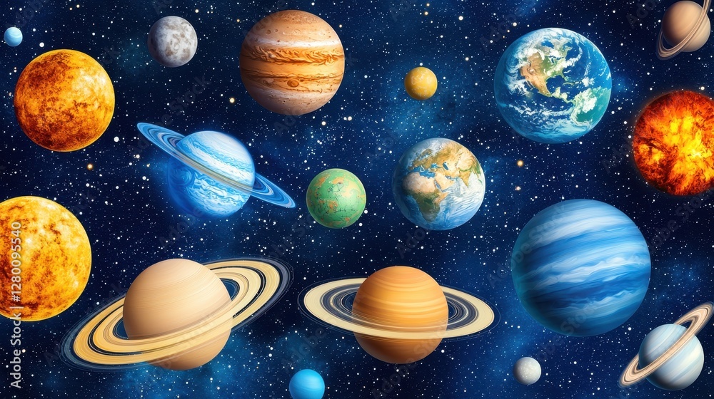 Poster a vibrant illustration of various planets in space, showcasing their unique colors and features agai