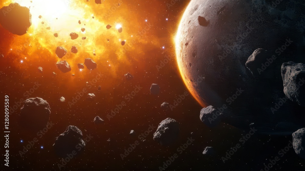 Poster a vibrant cosmic scene featuring a planet surrounded by asteroids and a fiery explosion, showcasing 