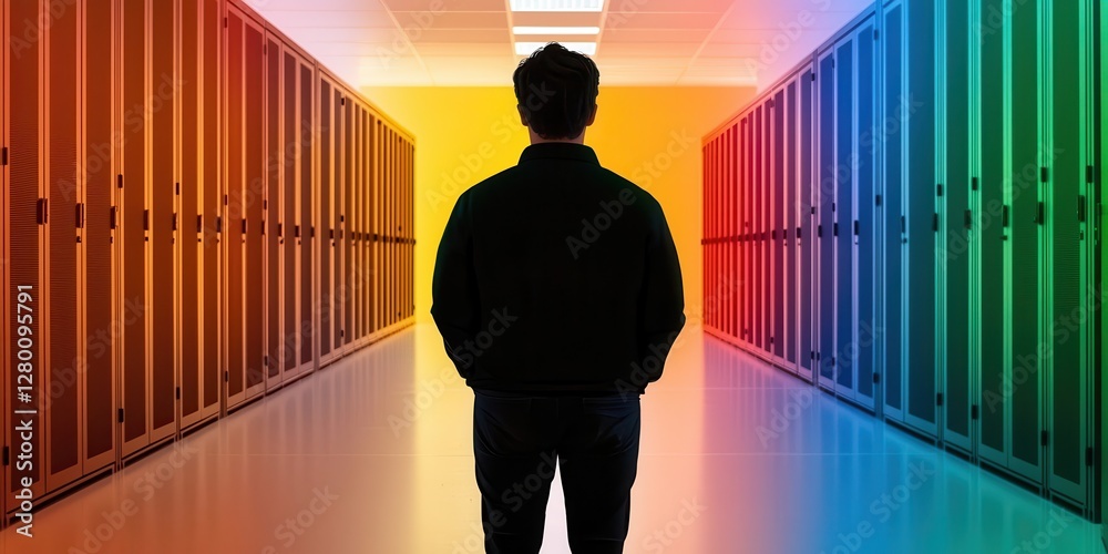 Poster a silhouette of a person stands before brightly colored lockers, creating a vibrant backdrop that su