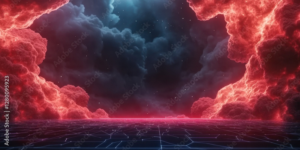 Poster a vibrant digital landscape featuring glowing red clouds and a dark, grid-like ground, evoking a sci