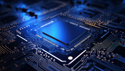High tech microprocessor on circuit board with intricate patterns and blue lighting. This captures essence of modern technology and innovation