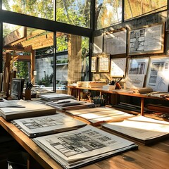 Flat Lay of Architectural Drafts and Engineering Blueprints in a Studio