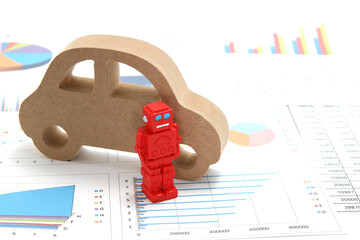 Business concept with miniature robot, car model, and financial graphs