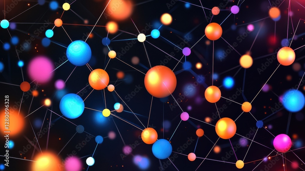 Poster A vibrant network of colorful spheres and connecting lines on a dark background, symbolizing connections and digital interactions.