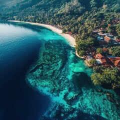 Fototapeta premium Aerial View of Tropical Paradise: Turquoise Waters, Lush Coastline, and Tranquil Beach