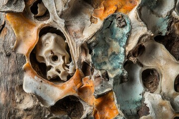 A decaying skull nestled within weathered, colorful bone fragments and wood, creating an abstract, artistic scene.