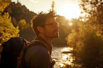 Adventurer Enjoys Serene Moment by River at Golden Hour in Lush Wilderness with Backpack and Warm Lighting