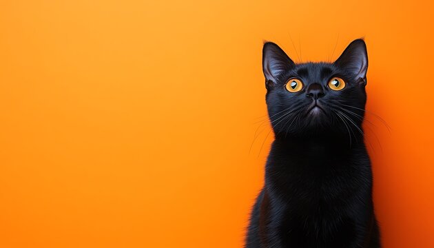 A sleek black cat looking upwards against an orange background