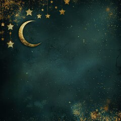 3D Eid Mubarak on the left, space for ads, dark green background with Islamic motifs of crescent and star.