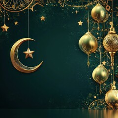 3D Eid Mubarak in golden text left, dark green background with Islamic motifs, ample space for ads.